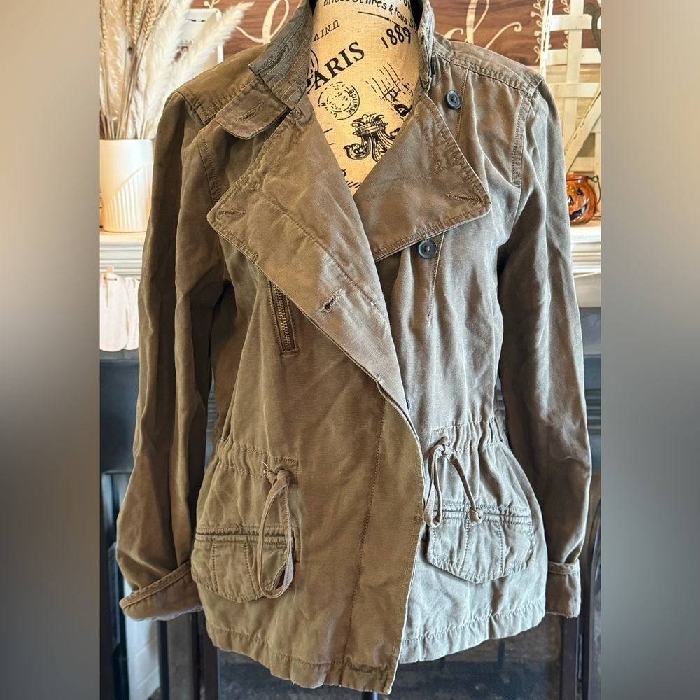 Lucky Brand Utility Jacket Drawstring Green Sz Large Pockets Zipper Button Front